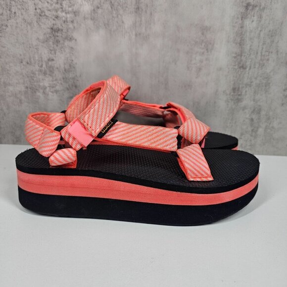 Teva Womens Platform Sandals Pink Coral Black Size 7 Adjustable Straps - Picture 2 of 12